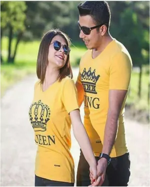 Pack Of 2 - Yellow Cotton Printed T-Shirts For Couples