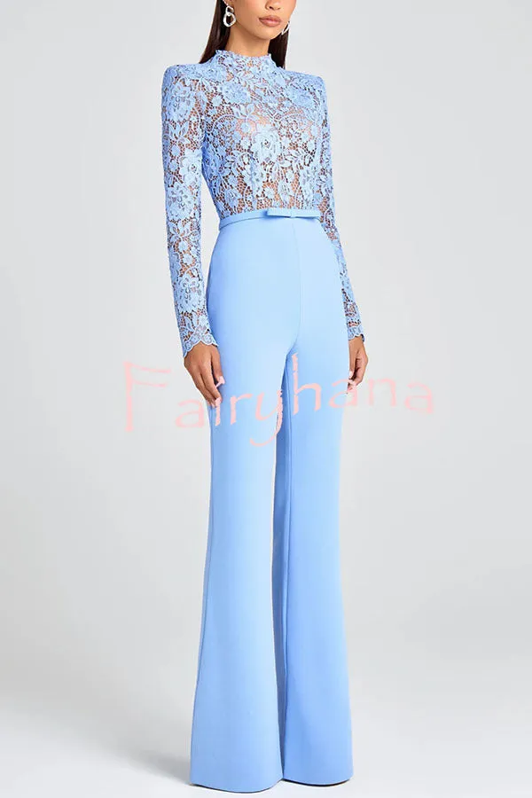 Party Charmer Flower Lace Patchwork Long Sleeve Bow Belted Flare Jumpsuit