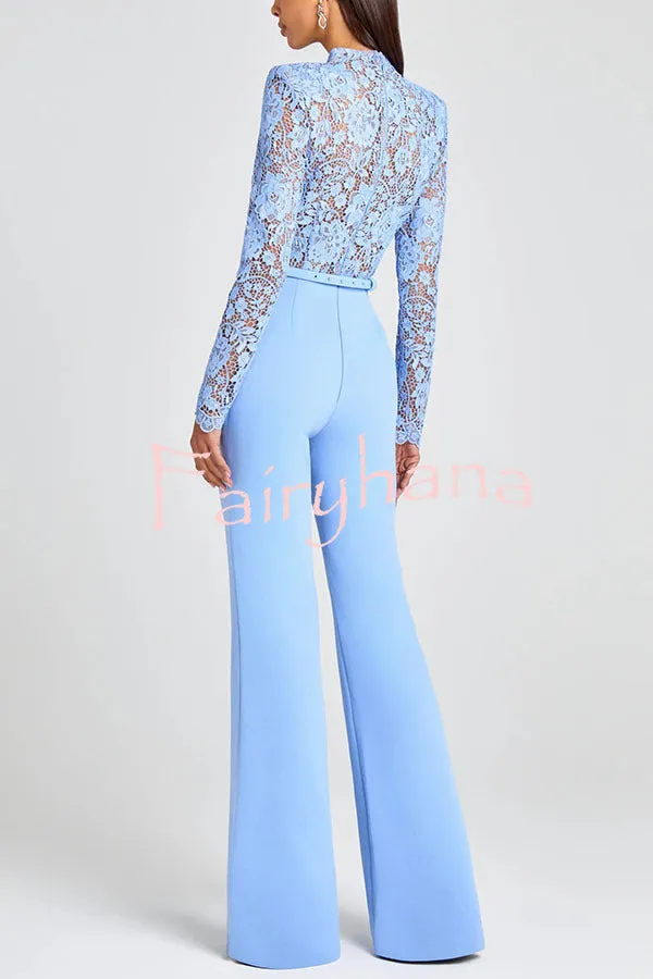 Party Charmer Flower Lace Patchwork Long Sleeve Bow Belted Flare Jumpsuit
