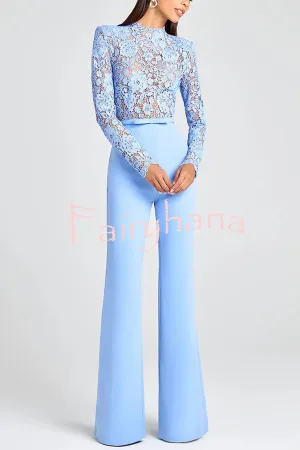Party Charmer Flower Lace Patchwork Long Sleeve Bow Belted Flare Jumpsuit