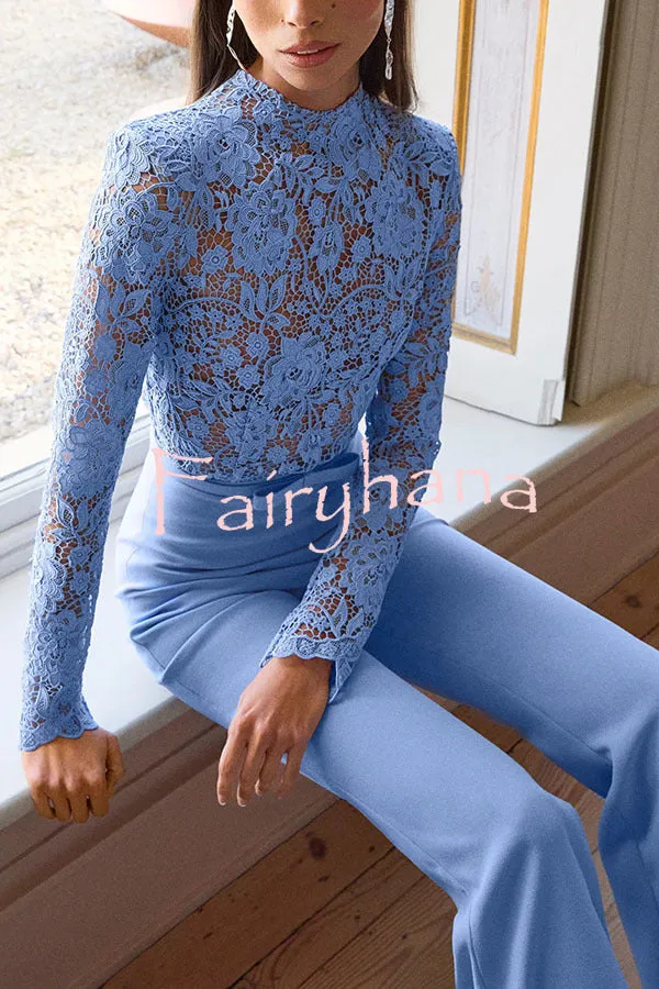 Party Charmer Flower Lace Patchwork Long Sleeve Bow Belted Flare Jumpsuit