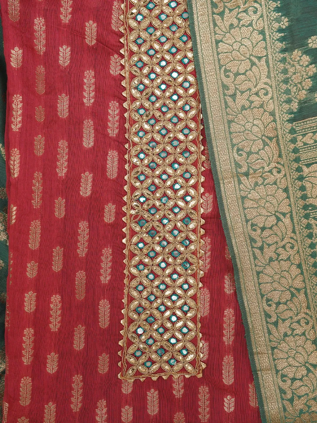 Pink Unstitched Silk Blend Embellished Dress Material With Dupatta