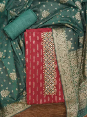 Pink Unstitched Silk Blend Embellished Dress Material With Dupatta