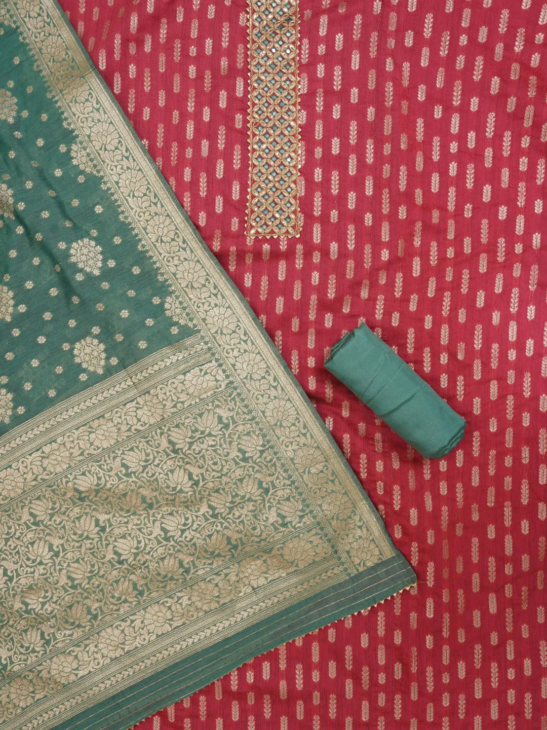Pink Unstitched Silk Blend Embellished Dress Material With Dupatta