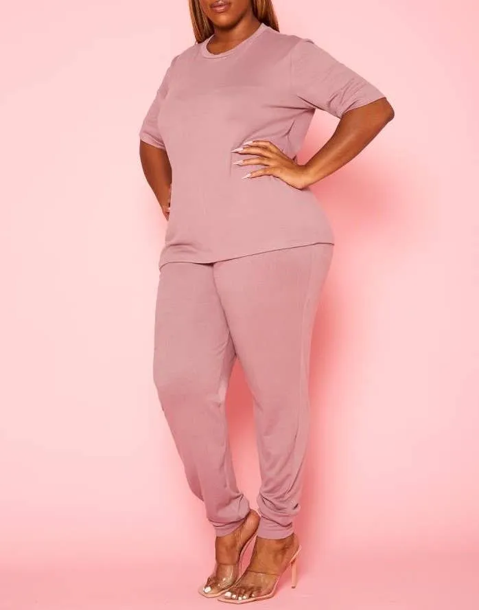 Plus Size Knit Half Sleeve Top and Jogger Pants Set  BLACK