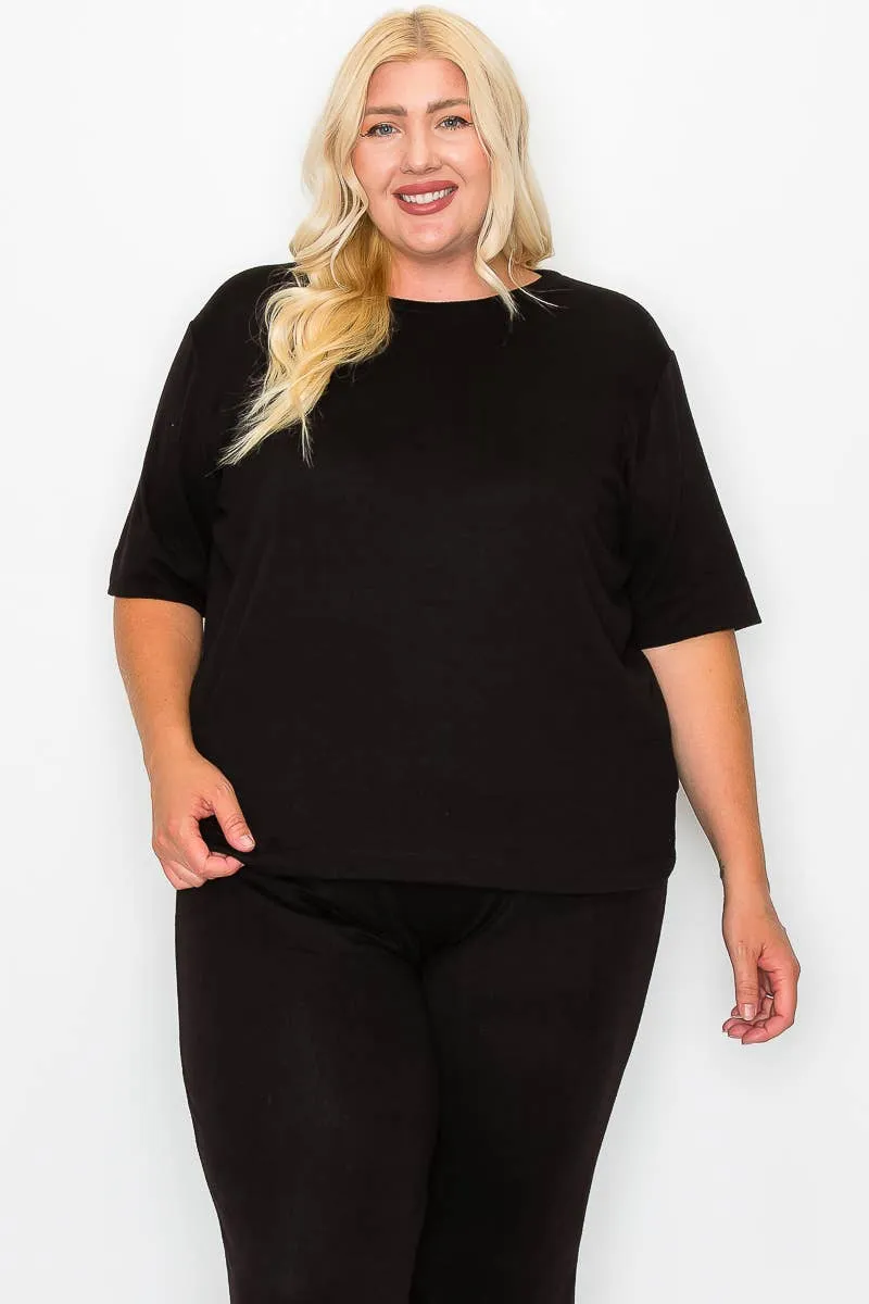 Plus Size Knit Half Sleeve Top and Jogger Pants Set  BLACK