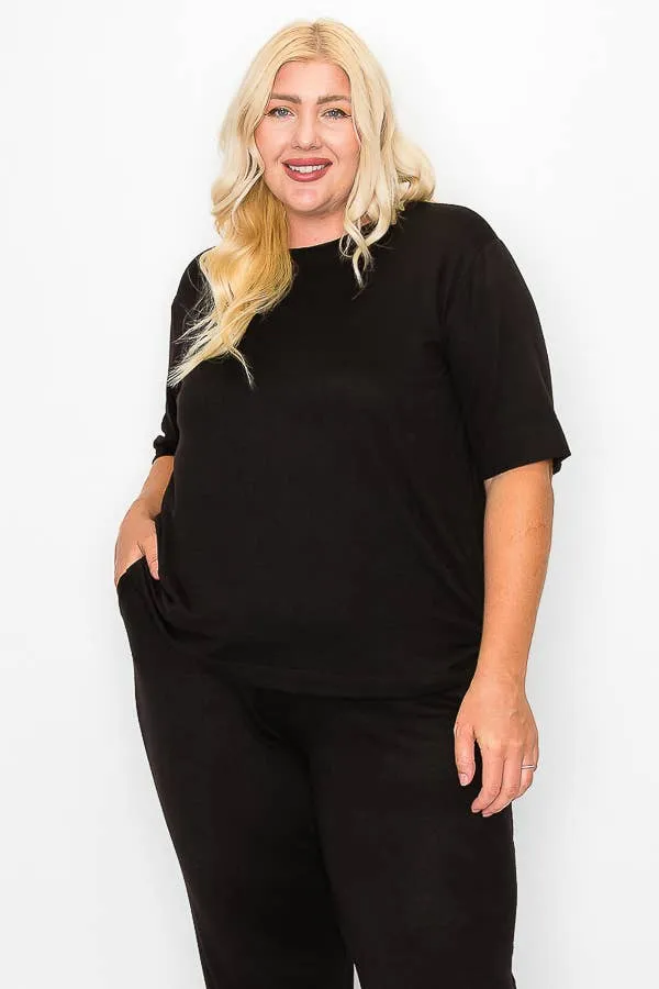Plus Size Knit Half Sleeve Top and Jogger Pants Set  BLACK