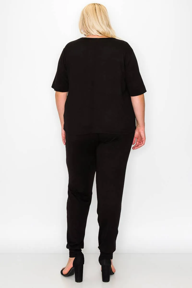Plus Size Knit Half Sleeve Top and Jogger Pants Set  BLACK