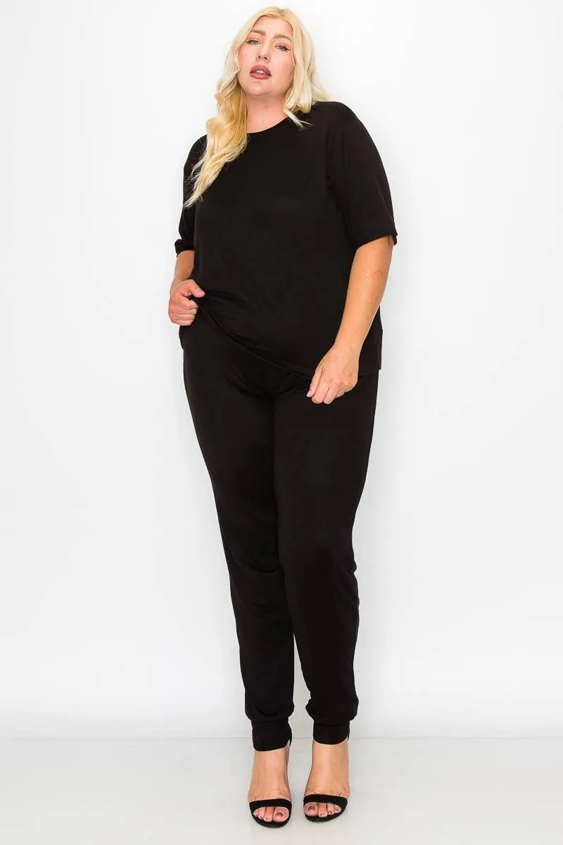 Plus Size Knit Half Sleeve Top and Jogger Pants Set  BLACK