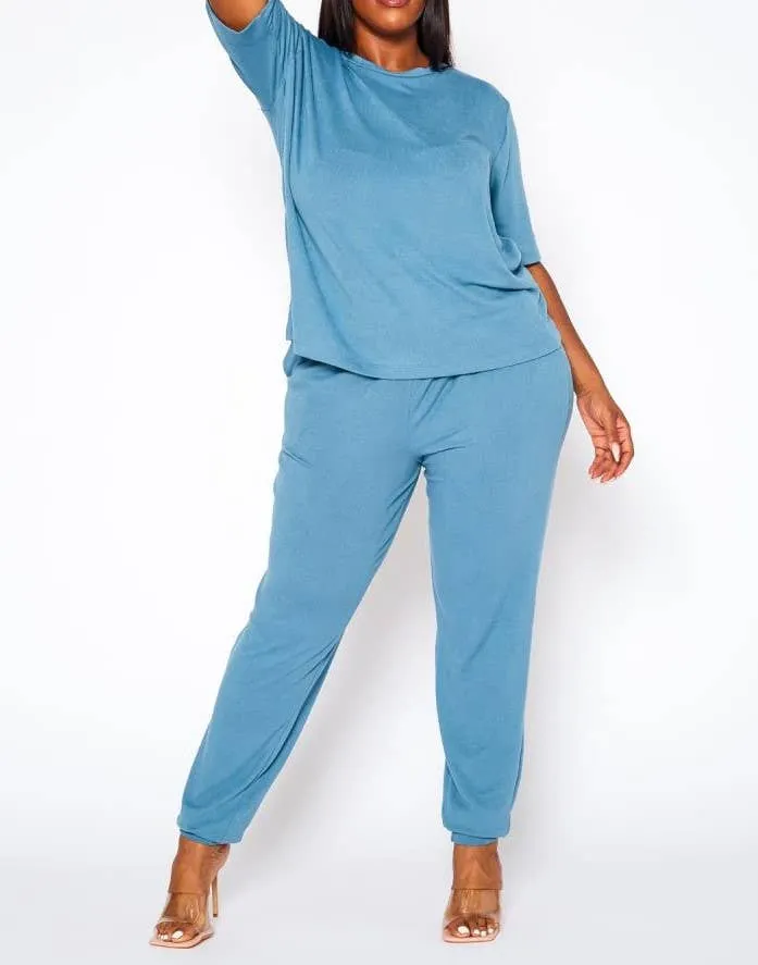Plus Size Knit Half Sleeve Top and Jogger Pants Set  BLACK