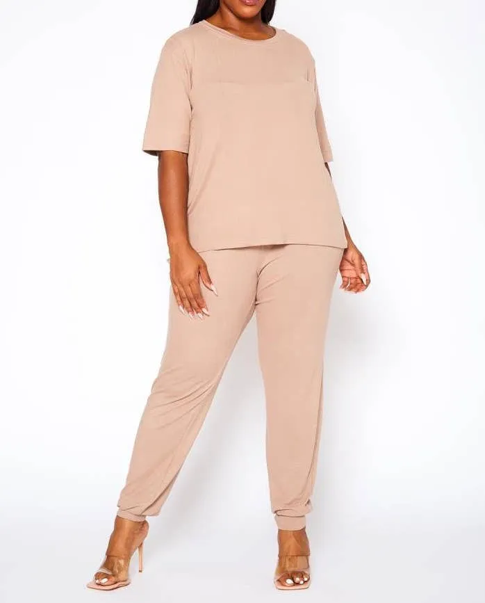 Plus Size Knit Half Sleeve Top and Jogger Pants Set  BLACK