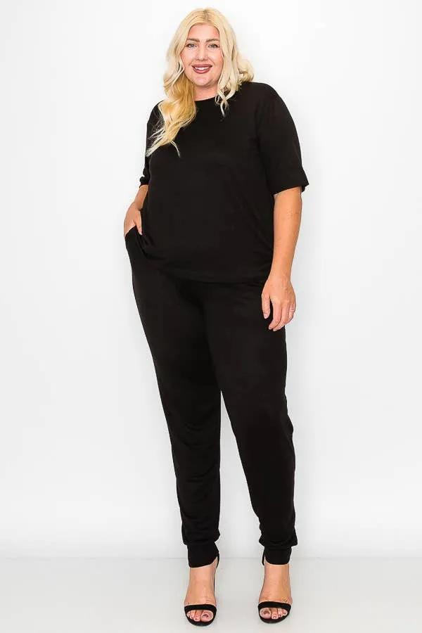 Plus Size Knit Half Sleeve Top and Jogger Pants Set  BLACK