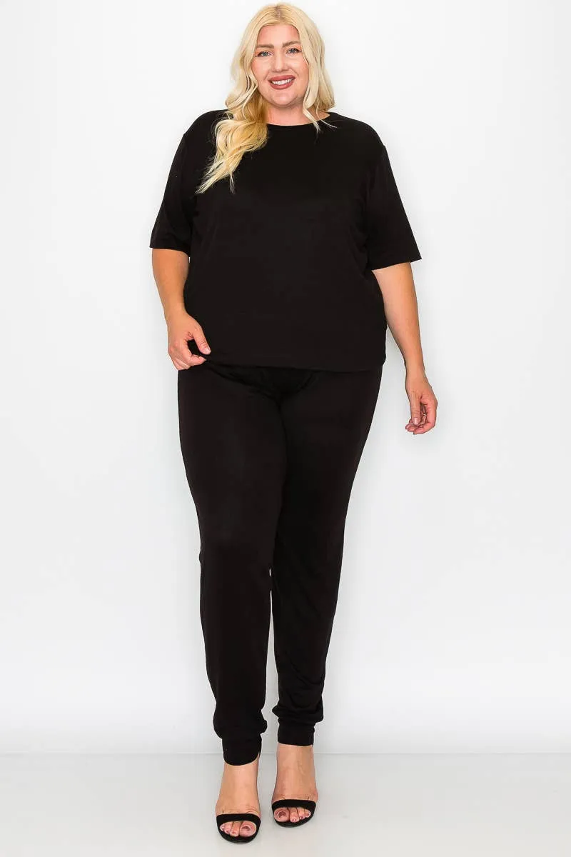 Plus Size Knit Half Sleeve Top and Jogger Pants Set  BLACK