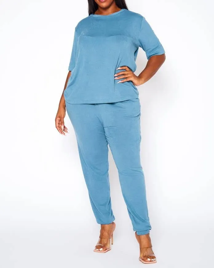 Plus Size Knit Half Sleeve Top and Jogger Pants Set  BLACK
