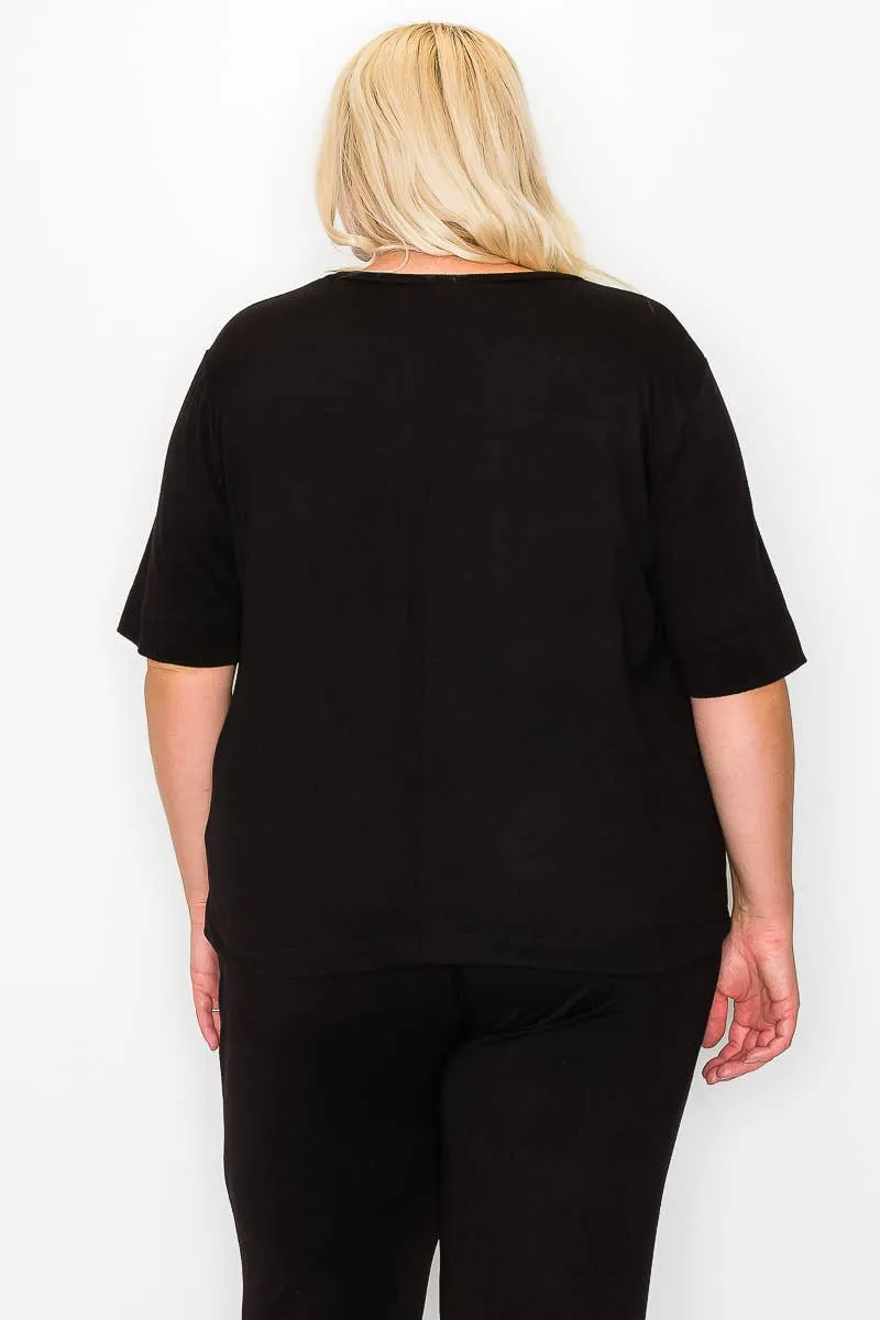 Plus Size Knit Half Sleeve Top and Jogger Pants Set  BLACK