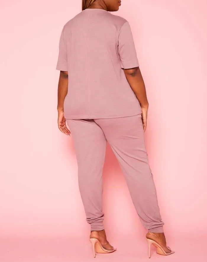 Plus Size Knit Half Sleeve Top and Jogger Pants Set  BLACK