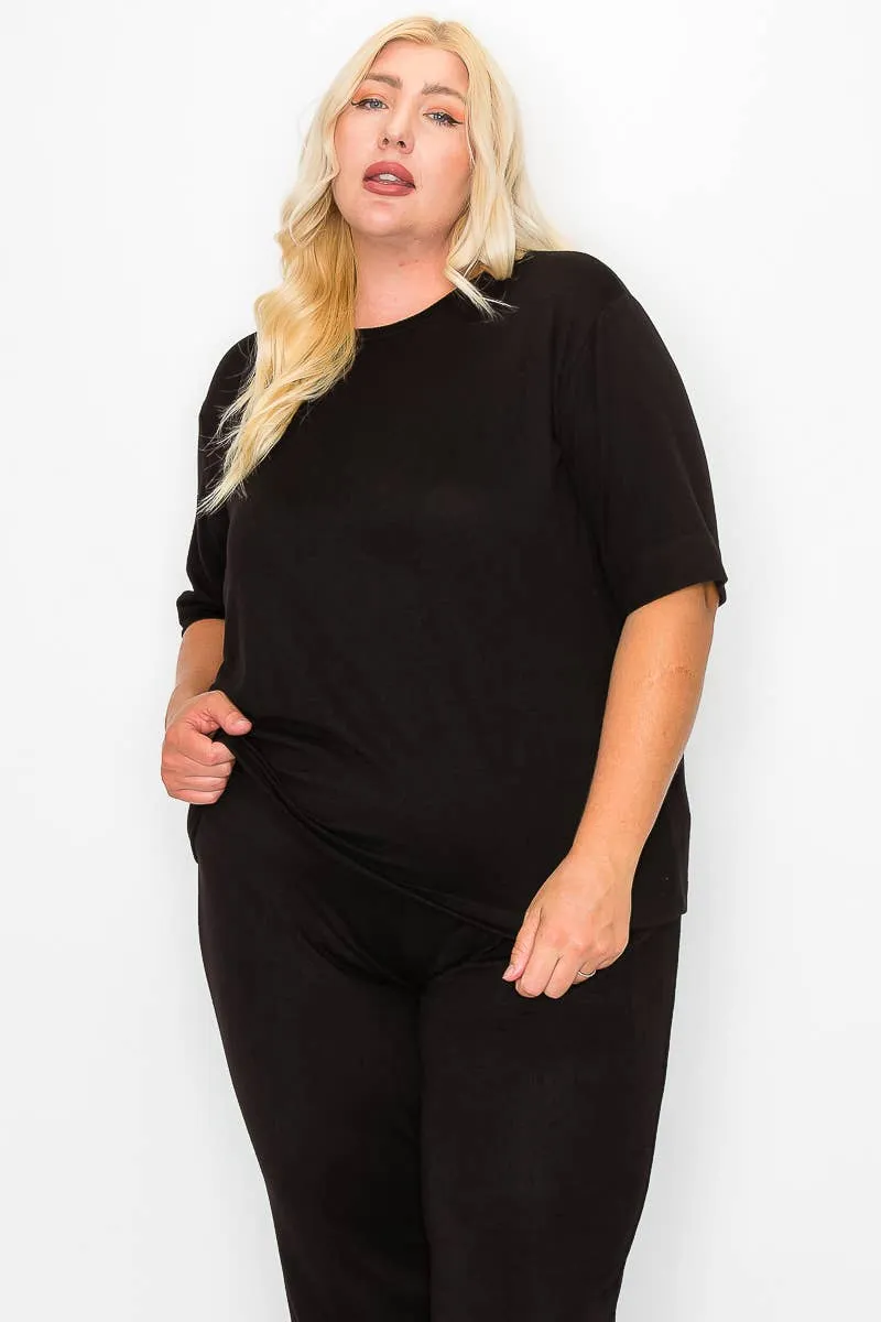 Plus Size Knit Half Sleeve Top and Jogger Pants Set  BLACK