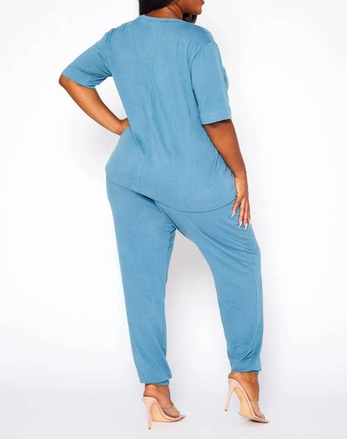 Plus Size Knit Half Sleeve Top and Jogger Pants Set  BLACK