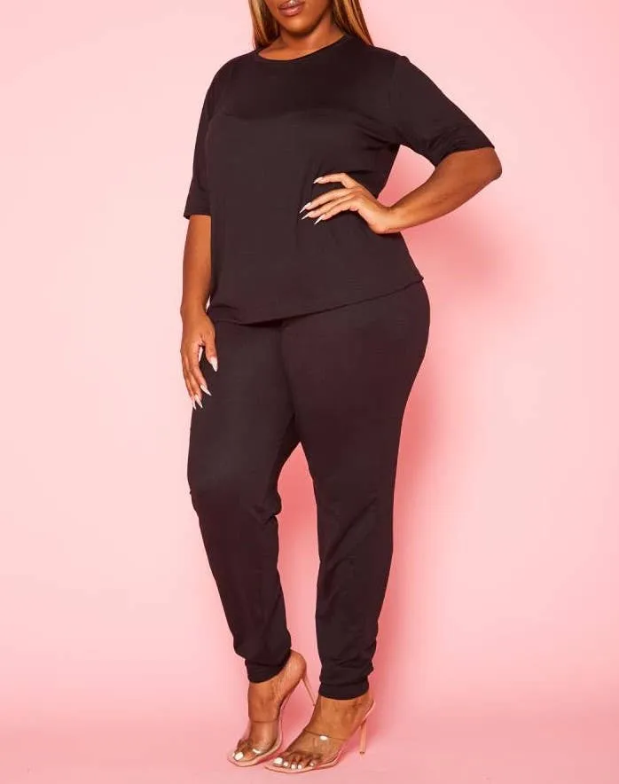 Plus Size Knit Half Sleeve Top and Jogger Pants Set  BLACK
