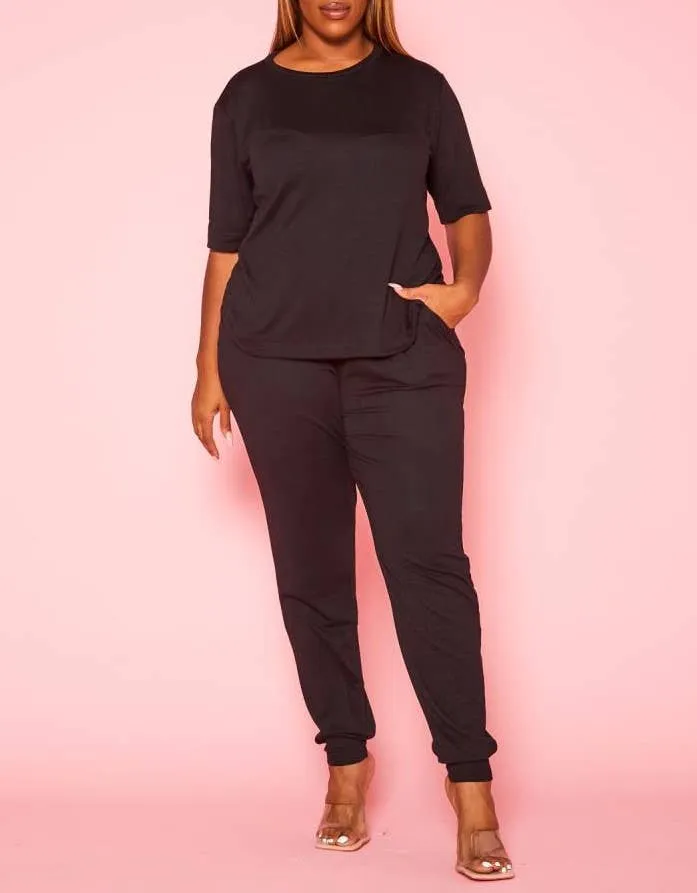 Plus Size Knit Half Sleeve Top and Jogger Pants Set  BLACK