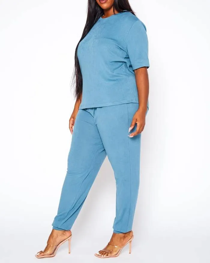 Plus Size Knit Half Sleeve Top and Jogger Pants Set  BLACK