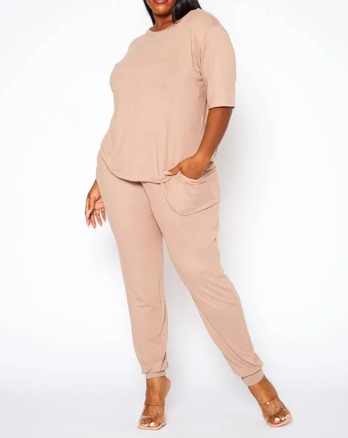 Plus Size Knit Half Sleeve Top and Jogger Pants Set  BLACK