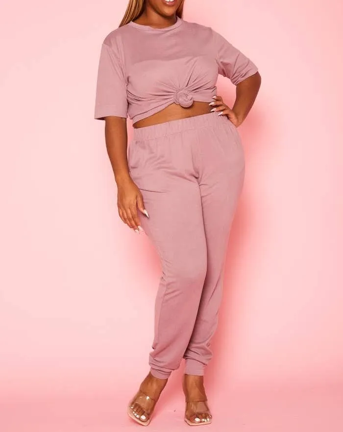 Plus Size Knit Half Sleeve Top and Jogger Pants Set  BLACK