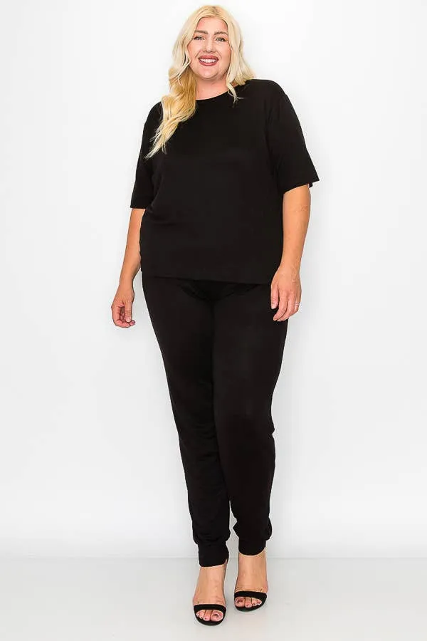Plus Size Knit Half Sleeve Top and Jogger Pants Set  BLACK