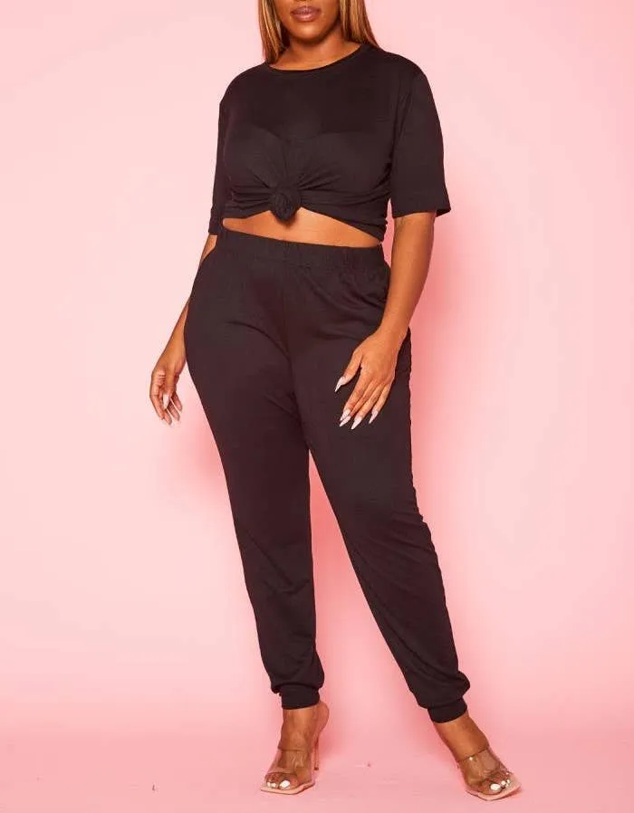 Plus Size Knit Half Sleeve Top and Jogger Pants Set  BLACK