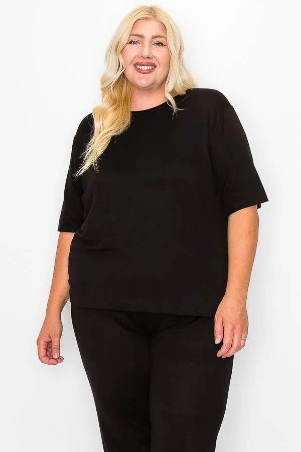 Plus Size Knit Half Sleeve Top and Jogger Pants Set  BLACK
