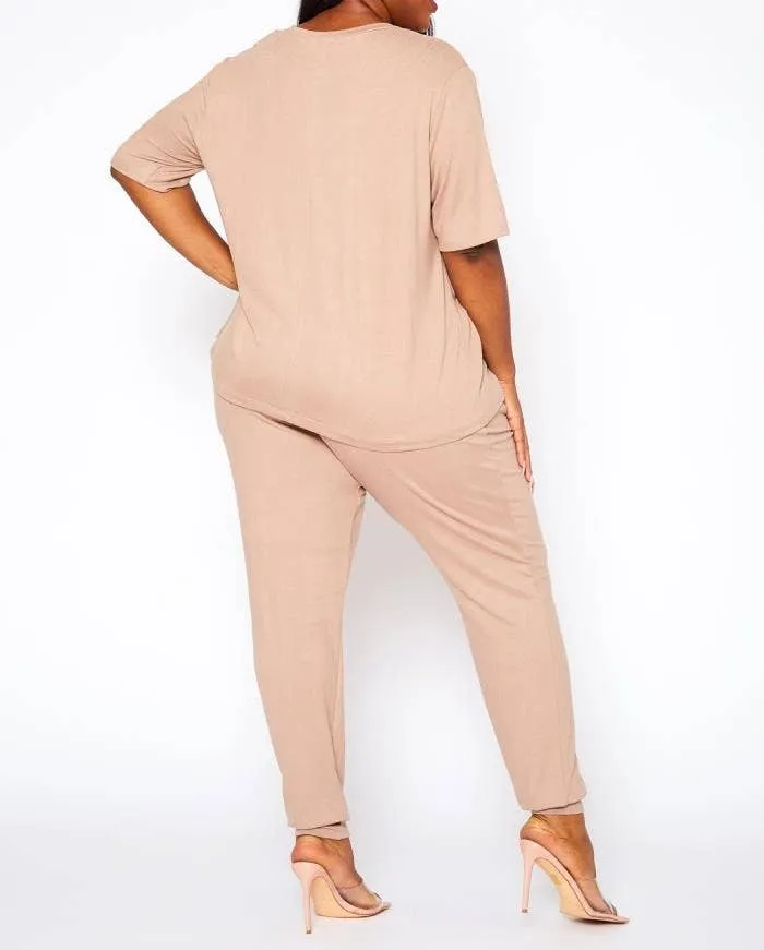 Plus Size Knit Half Sleeve Top and Jogger Pants Set  BLACK