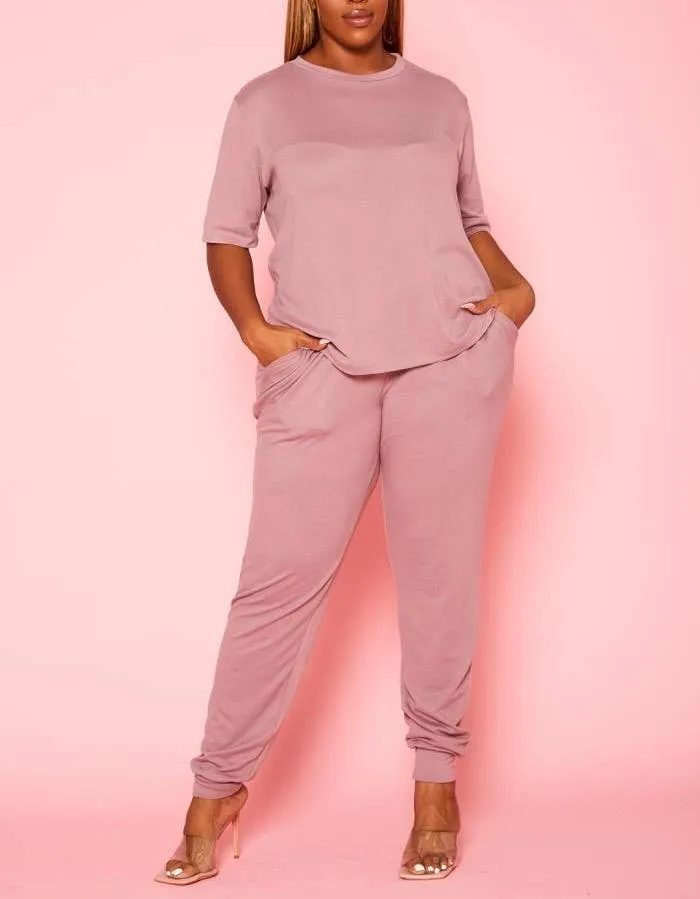 Plus Size Knit Half Sleeve Top and Jogger Pants Set  BLACK