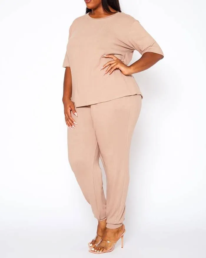 Plus Size Knit Half Sleeve Top and Jogger Pants Set  BLACK