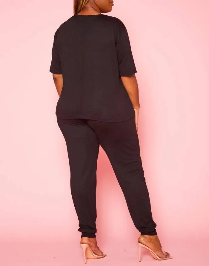 Plus Size Knit Half Sleeve Top and Jogger Pants Set  BLACK