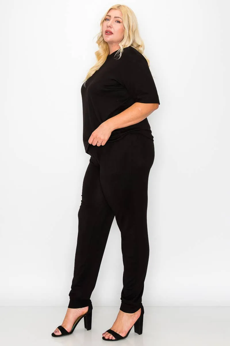 Plus Size Knit Half Sleeve Top and Jogger Pants Set  BLACK