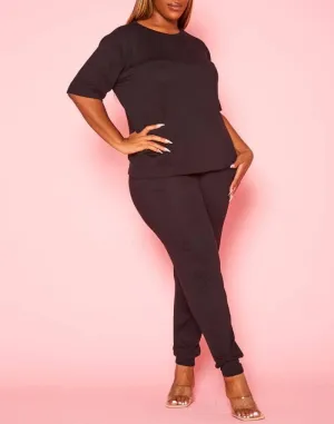 Plus Size Knit Half Sleeve Top and Jogger Pants Set  BLACK