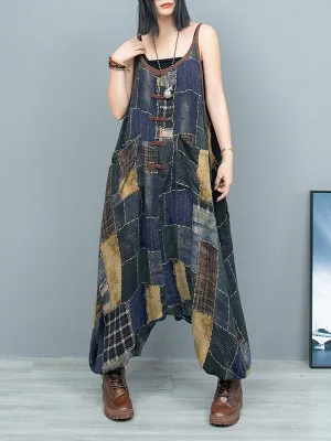 Plus Size Women Spring Vintage Flower Loose Jumpsuits