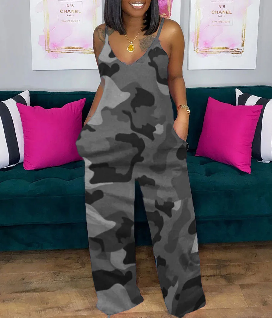 Printed deep V loose jumpsuit AY1130