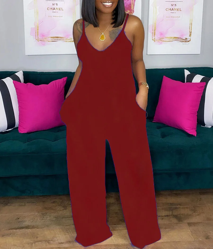 Printed deep V loose jumpsuit AY1130