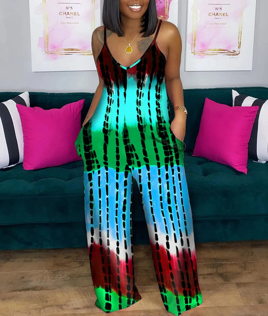 Printed deep V loose jumpsuit AY1130