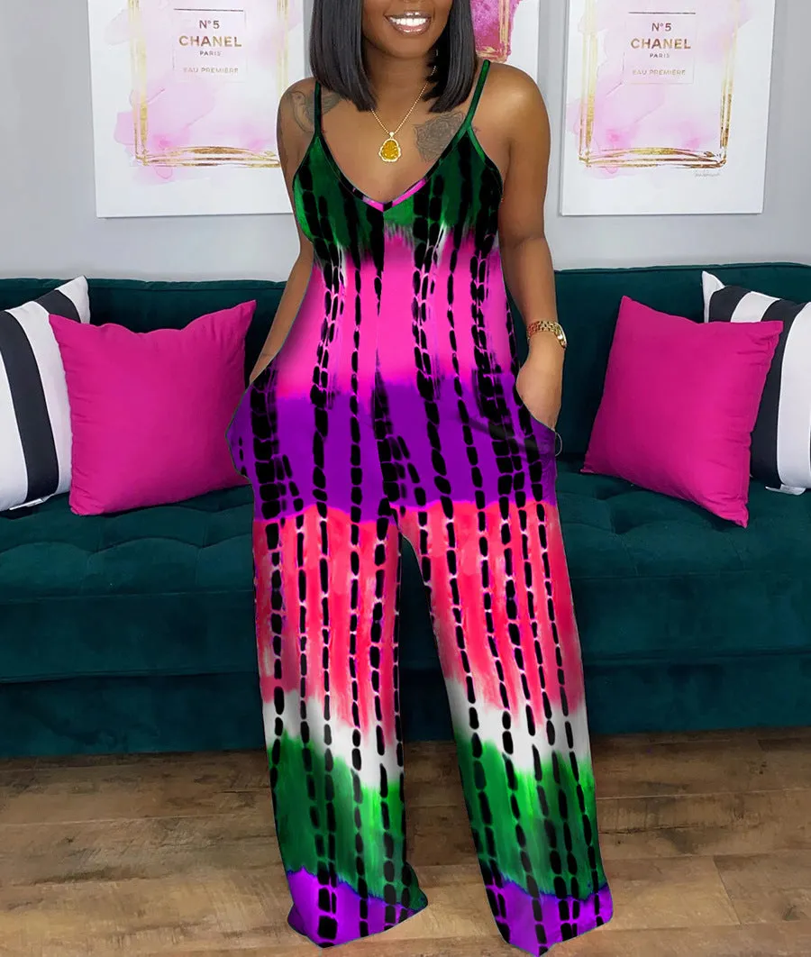 Printed deep V loose jumpsuit AY1130