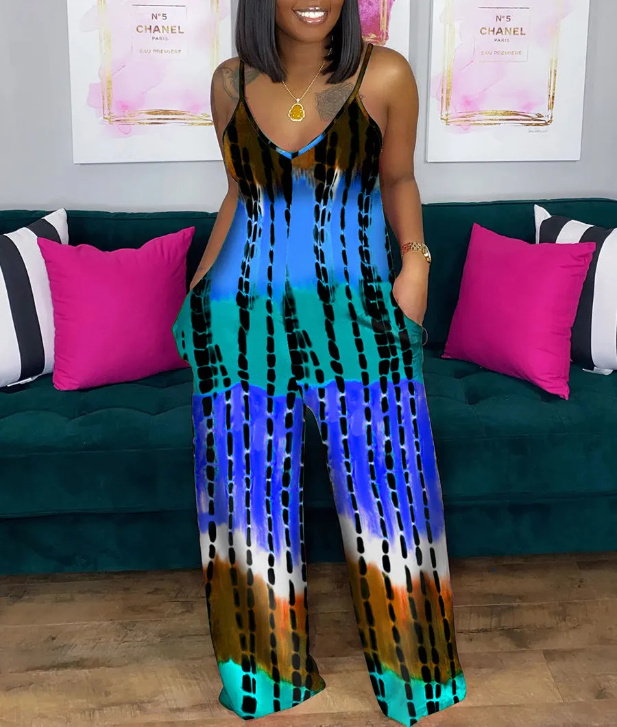 Printed deep V loose jumpsuit AY1130