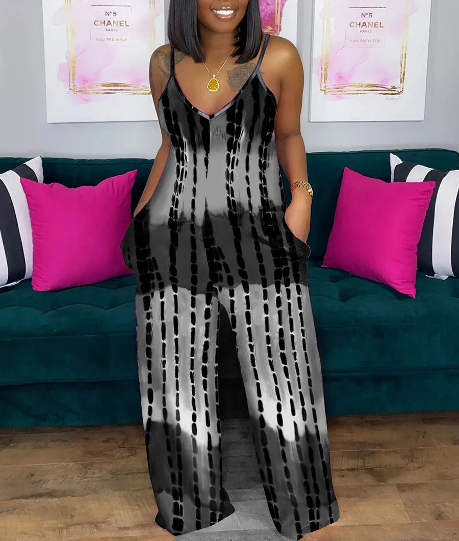 Printed deep V loose jumpsuit AY1130