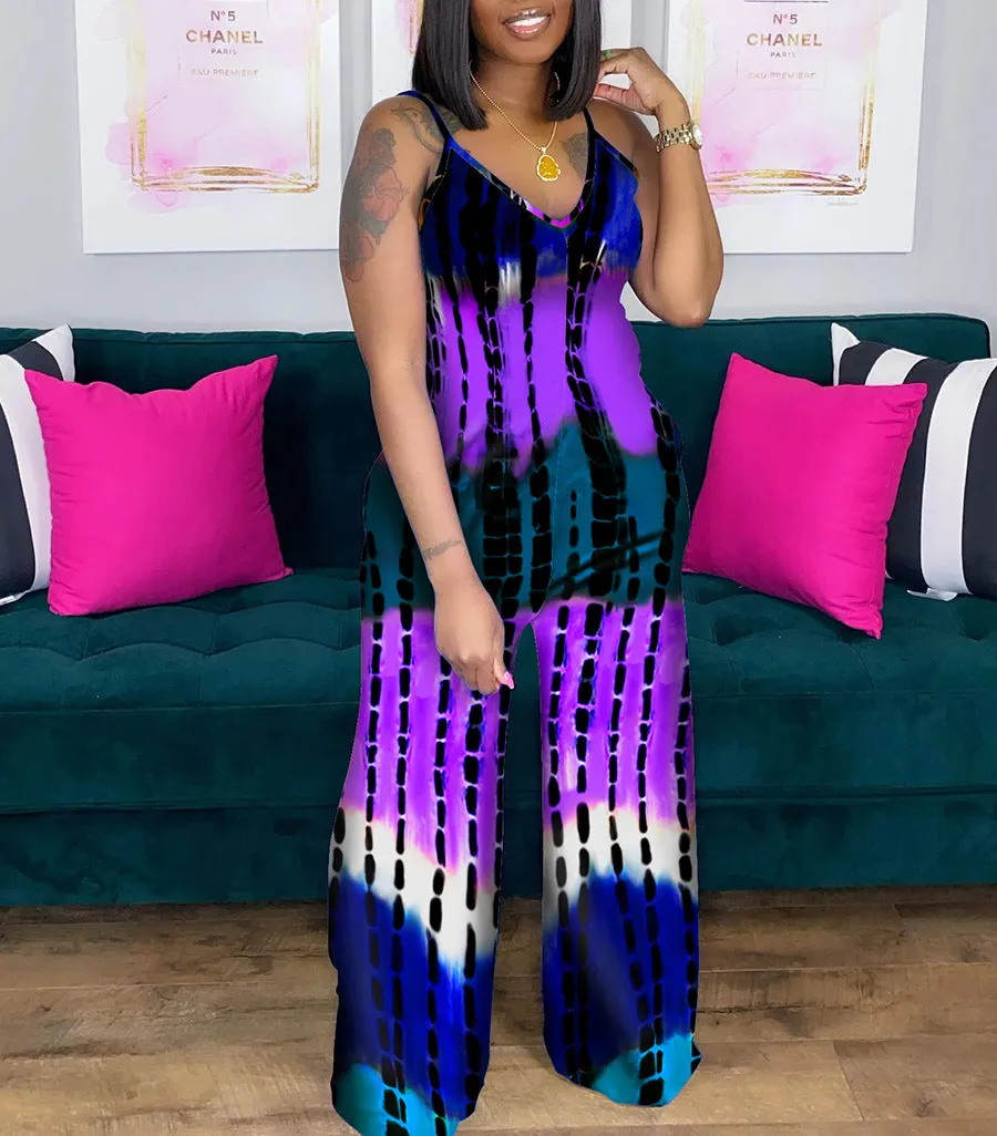 Printed deep V loose jumpsuit AY1130