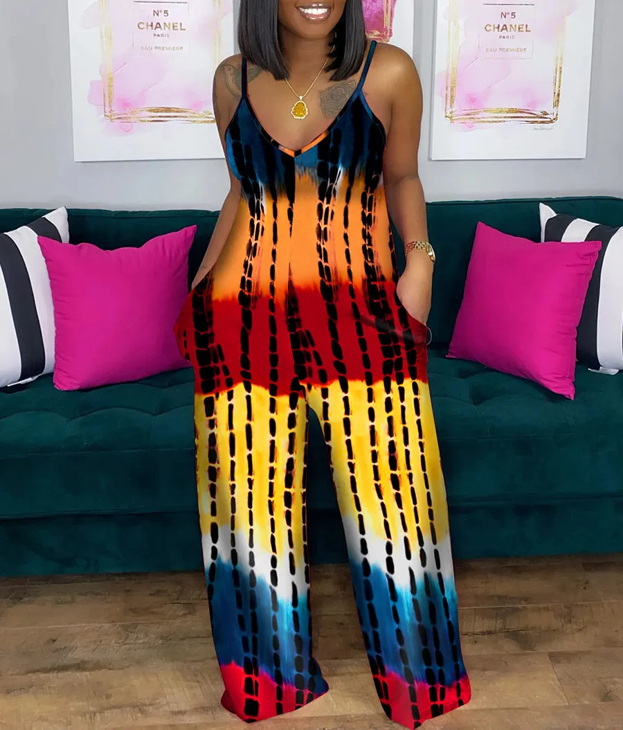 Printed deep V loose jumpsuit AY1130