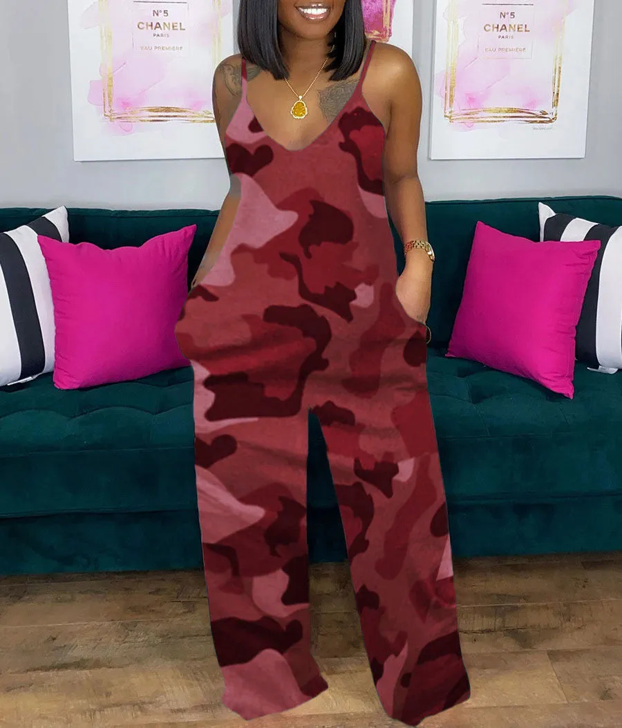 Printed deep V loose jumpsuit AY1130