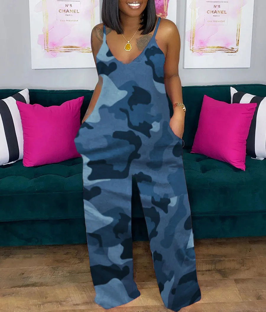 Printed deep V loose jumpsuit AY1130