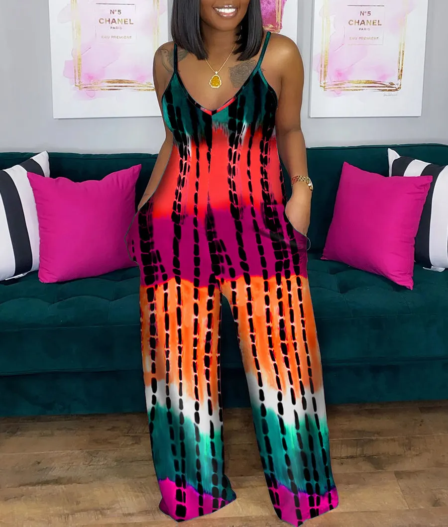 Printed deep V loose jumpsuit AY1130