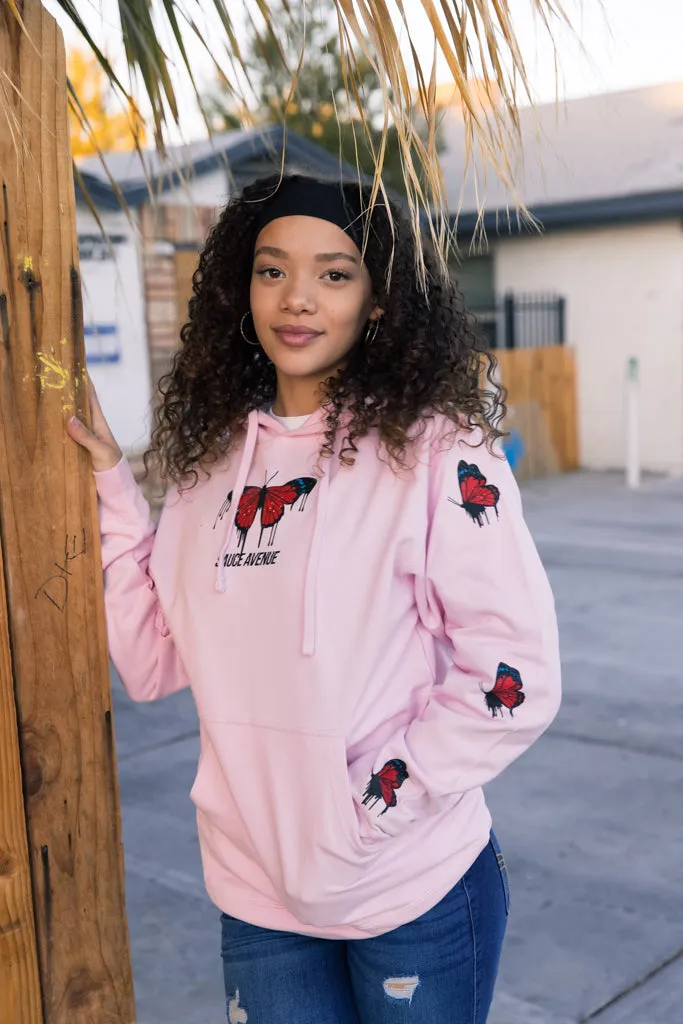Red Passion Butterfly Drip | Light Pink Hoodie (Sleeves)