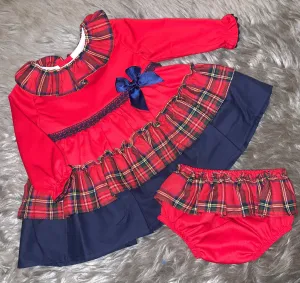 Red/Navy Tartan Bow Dress and Pants Set